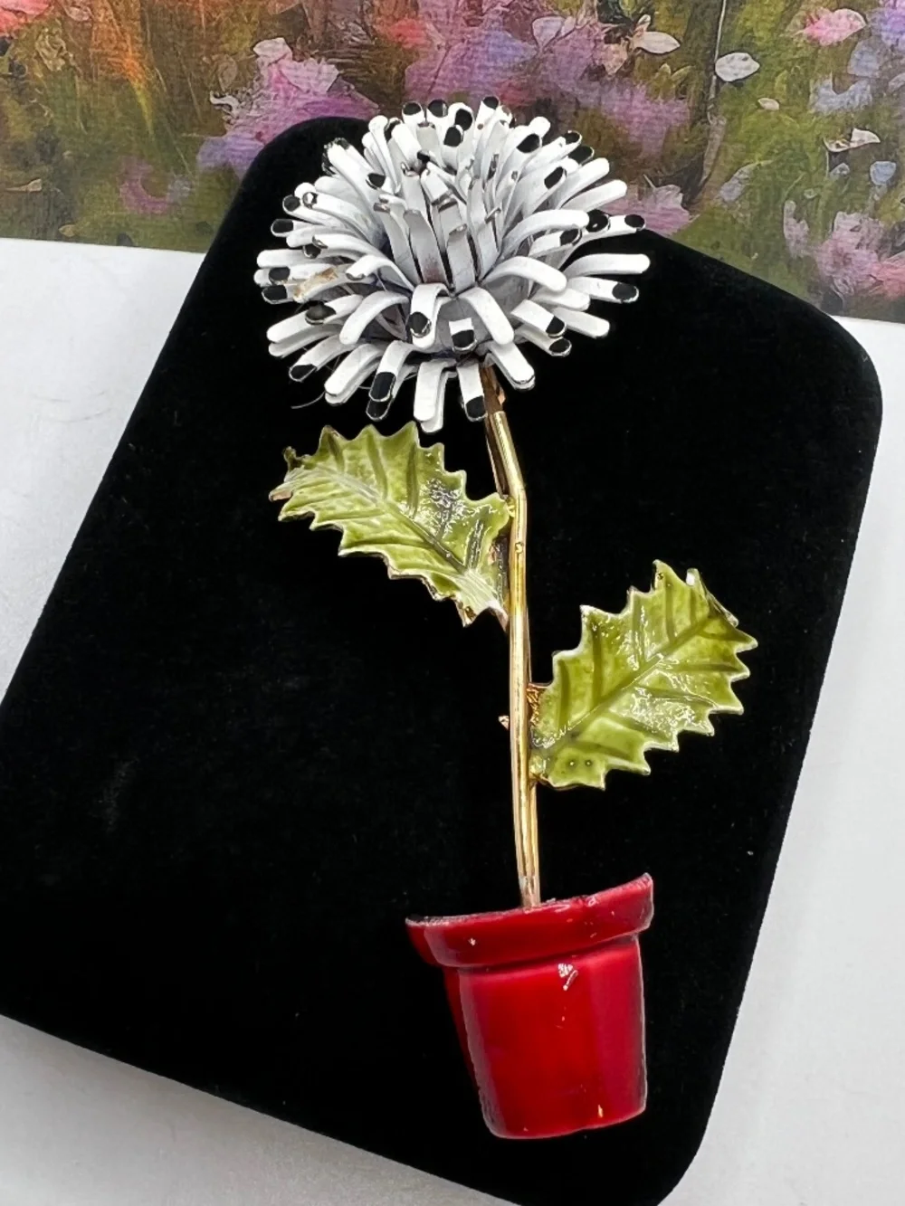 Corocraft Fringed Flower in a Pot Enamel Brooch